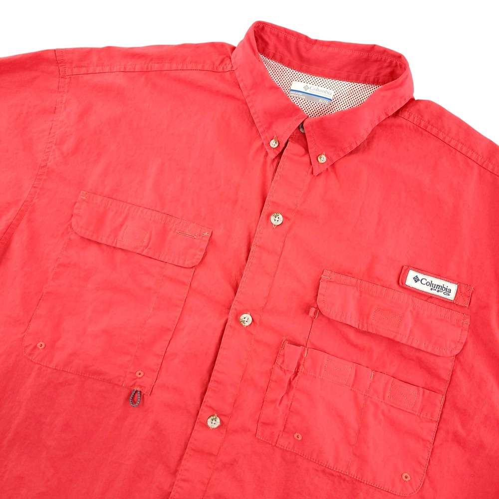 Columbia PFG Shirt Mens XL Red Solid Short Sleeve Fishing Vented Button Up